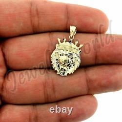 10K Yellow Gold Men's Diamond Cut King Crown Lion Head Pendant, 10KT Real Gold