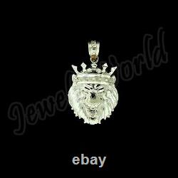 10K Yellow Gold Men's Diamond Cut King Crown Lion Head Pendant, 10KT Real Gold