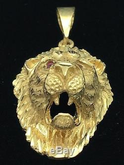 10k Yellow Gold Diamond Cut Lion Head Charm Pendant with Ruby Eyes 9.2 grams