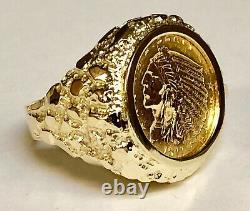 14K Yellow Gold 23.5 MM NUGGET COIN RING with 2 1/2 DOLLAR INDIAN HEAD COIN