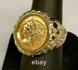 14K Yellow Gold 23.5 MM NUGGET COIN RING with 2 1/2 DOLLAR INDIAN HEAD COIN