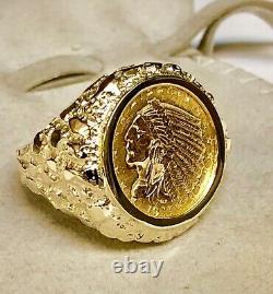 14K Yellow Gold 23.5 MM NUGGET COIN RING with 2 1/2 DOLLAR INDIAN HEAD COIN