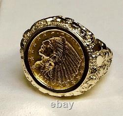 14K Yellow Gold 23.5 MM NUGGET COIN RING with 2 1/2 DOLLAR INDIAN HEAD COIN