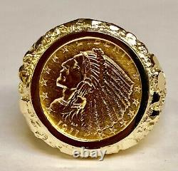 14K Yellow Gold 23.5 MM NUGGET COIN RING with 2 1/2 DOLLAR INDIAN HEAD COIN