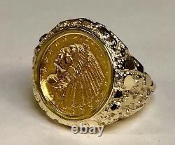 14K Yellow Gold 23.5 MM NUGGET COIN RING with 2 1/2 DOLLAR INDIAN HEAD COIN