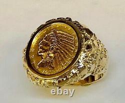 14K Yellow Gold 23.5 MM NUGGET COIN RING with 2 1/2 DOLLAR INDIAN HEAD COIN