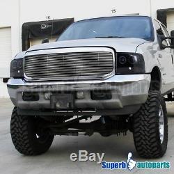 1999-2004 Ford F250 Smoked Dual Halo Rim LED Projector Head Lights Glossy Black