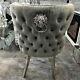 2 Grey Velvet Dining Chairs With Lion Head Door Knocker And Tufted Back