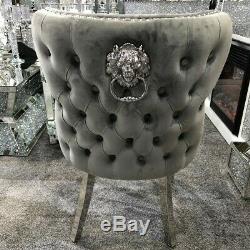 2 Grey Velvet Dining Chairs with Lion Head Door Knocker and Tufted Back