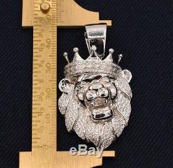 2 Men's Lion's Head Iced Out CZ Greek Crown Pendant White Sterling Silver 925