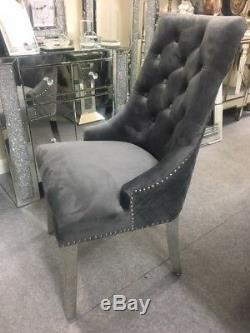 2 x Luxury Grey Velvet Dining Chairs with Chrome Lion Head Door Knocker and Legs