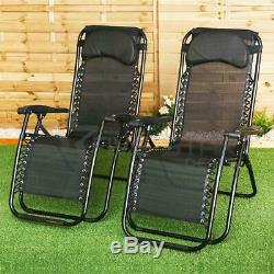 2 x RECLINING SUN LOUNGER OUTDOOR GARDEN PATIO GRAVITY CHAIR ADJUSTABLE HEAD