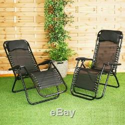 2 x RECLINING SUN LOUNGER OUTDOOR GARDEN PATIO GRAVITY CHAIR ADJUSTABLE HEAD