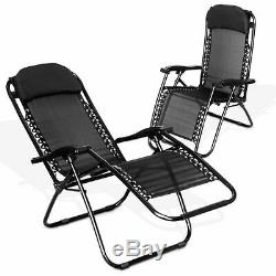 2 x RECLINING SUN LOUNGER OUTDOOR GARDEN PATIO GRAVITY CHAIR ADJUSTABLE HEAD