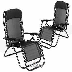 2 x RECLINING SUN LOUNGER OUTDOOR GARDEN PATIO GRAVITY CHAIR ADJUSTABLE HEAD