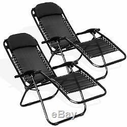 2 x RECLINING SUN LOUNGER OUTDOOR GARDEN PATIO GRAVITY CHAIR ADJUSTABLE HEAD