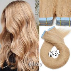 20-80PCS Remy Tape In Skin Weft 100% Human Hair Extensions Full Head Highlight M