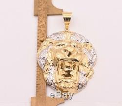 3 1/2 Men's Diamond Cut Roaring Lion Head Charm Pendant Real 10K Gold Two-Tone