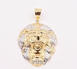 3 Men's Diamond Cut Roaring Lion Head Charm Pendant Real 10K Gold Two-Tone