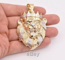 3 Mens Diamond Cut Roaring Greek Crown Lion Head Pendant Real 10K Two-Tone Gold
