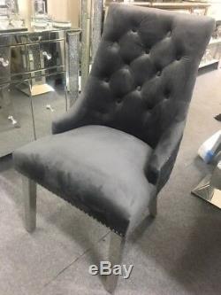 4 x Luxury Grey Velvet Dining Chairs with Chrome Lion Head Door Knocker and Legs