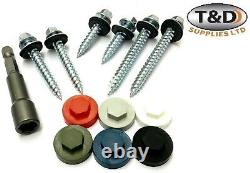 6.3mm (14G) ROOFING TEK SCREWS HEX HEAD, SEALING WASHER, COVER CAP & DRIVE BIT