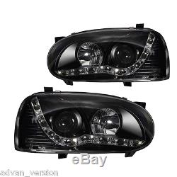 93-98 VW Golf MK3 Black Projector Headlight LED DRL Head Lamp PAIR