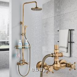 Antique Brass Exposed Bathroom Shower Mixer Twin Head Bar Set Round Valve System