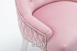 Baby Pink Velvet Studded Lion Head Metal Chrome Leg Tufted Dining Chair UK