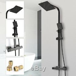 Bathroom Thermostatic Mixer Shower Set Square Black Twin Head Exposed Valve