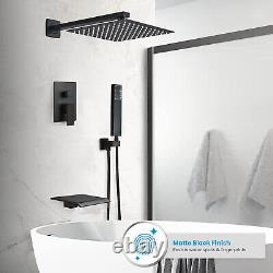 Black 12 3-Way Shower Tap Set Waterfall Tub Spout Handheld Rainfall Shower Head