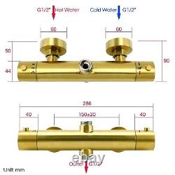 Brushed Gold Exposed Thermostatic Mixer Twin Shower Head Round Slider Bar 8 Set