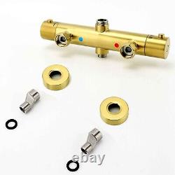 Brushed Gold Exposed Thermostatic Mixer Twin Shower Head Round Slider Bar 8 Set