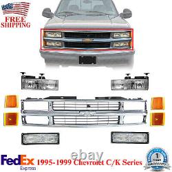 Chrome Grille + Reflector + Head + Signal Lights For 1995-1999 Chevy C/K Trucks