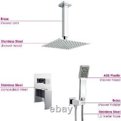 Chrome Square Dual Shower Heads Ceiling Set Concealed Mixer Handset Holder Kit