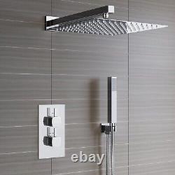 Concealed Thermostatic Shower Mixer Square Chrome Bathroom Twin Head Valve Set