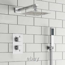 Concealed Thermostatic Shower Mixer Square Chrome Bathroom Twin Head Valve Set