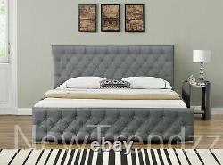 Dark Grey Ottoman Storage Bed with Matching Fabric Buttons in Head & Foot Board