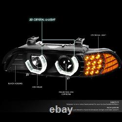 Dual Led U-halofor 96-03 Bmw E39 5-series Black Projector Headlight Head Lamps