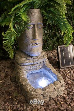 Easter Island Water Feature Planter Solar Powered Plant Head Fountain LED Lights