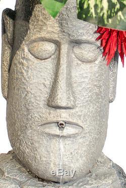 Easter Island Water Feature Planter Solar Powered Plant Head Fountain LED Lights