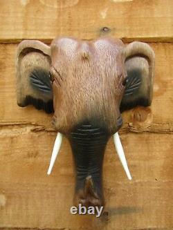 Fair Trade Hand Carved Made Wooden Thai Elephant Head Wall Art Plaque Hanging
