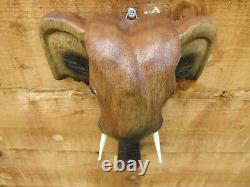 Fair Trade Hand Carved Made Wooden Thai Elephant Head Wall Art Plaque Hanging