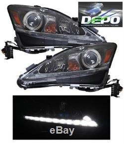 Fit 06-10 Lexus IS250 IS350 Halogen BLACK Projector Head Lights with LED DRL DEPO