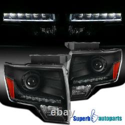 For 2009-2014 Ford F150 Black LED DRL Projector Headlights Head Lamps withBulbs