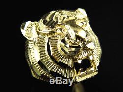 Genuine 10k Yellow Gold Mens Diamond Cut Tiger Head Fashion Pinky Ring (19MM)