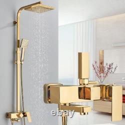 Gold Exposed Bathroom Shower Mixer Twin Head Large Bar Set Square Valve System