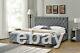 Grey Linen Ottoman Storage Bed Diamond Design with Fabric Buttons in Head and Foot