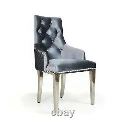 Grey Velvet Lion Head Knocker Buttoned Quilted High Back Chrome Leg Dining Chair