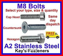 Kays Fasteners M8/8mm A2 Stainless Steel Bolts, Kayfast